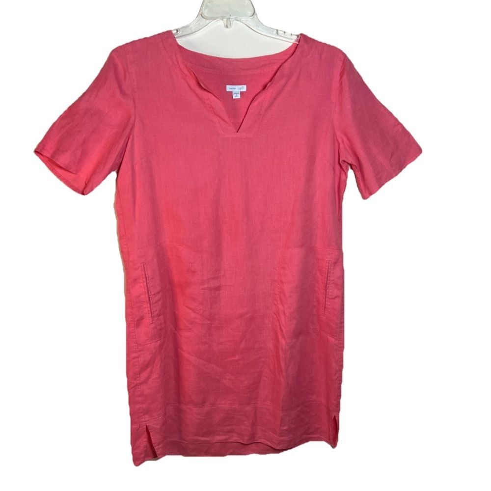 j. Jill Love Linen Size Medium Pink Roll Tab Short Sleeve Sheath Dress Pockets